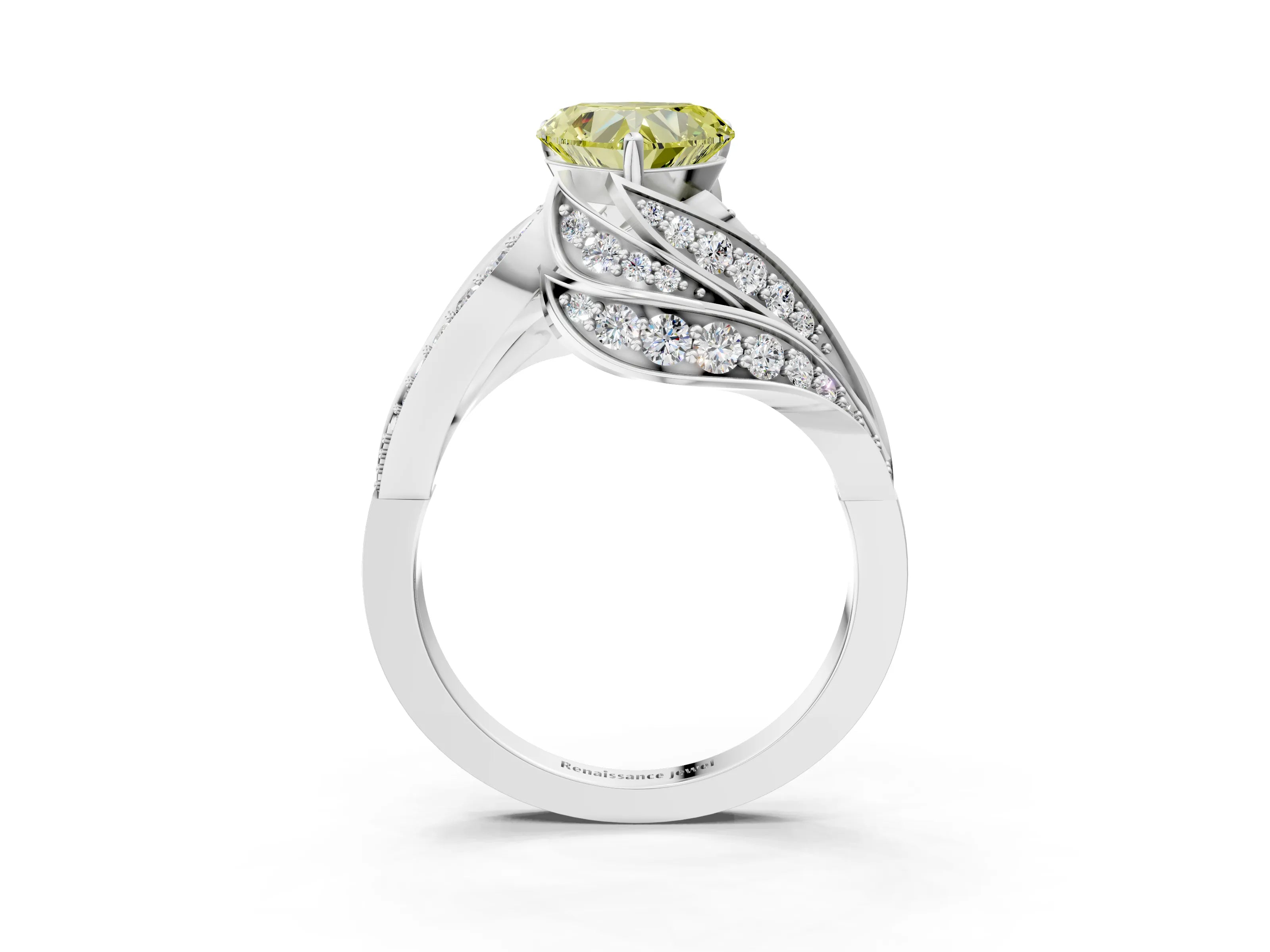White gold Fancy Yellow Heart Cut Diamond Solitaire Ring with Prong Setting and Twisted Pavé Band_15