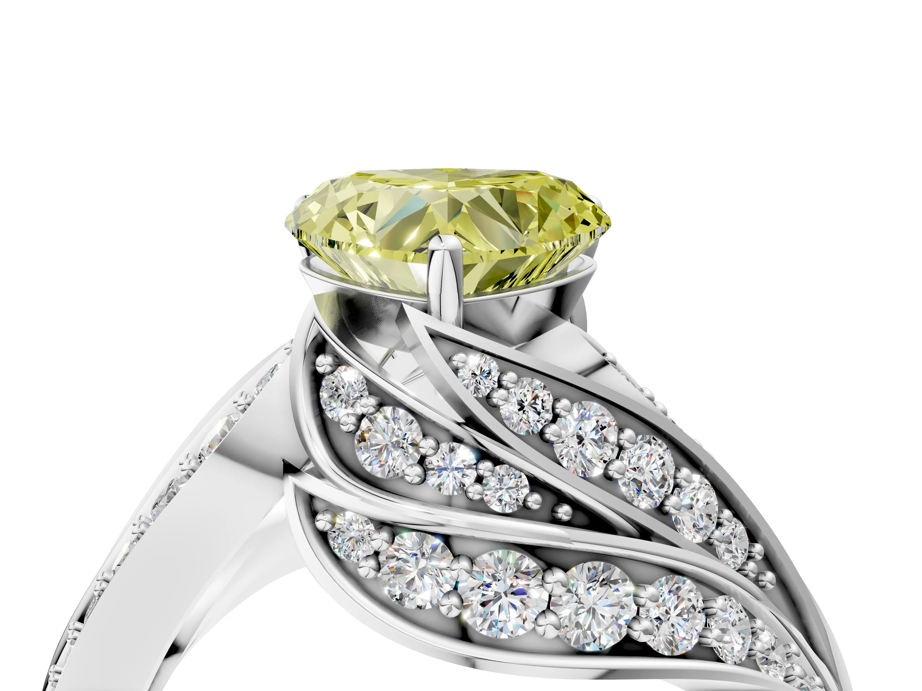 White gold Fancy Yellow Heart Cut Diamond Solitaire Ring with Prong Setting and Twisted Pavé Band_16