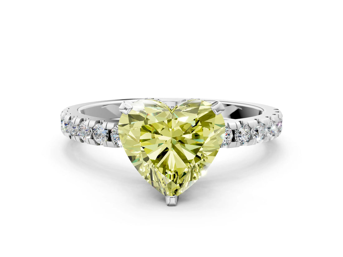White gold Fancy Yellow Heart Cut Diamond Solitaire Ring with Round  Pavé Band and Four-Prong Setting_60