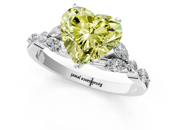 White gold Fancy Yellow Heart Cut Diamond Solitaire Ring with Side Stones and Four-Prong Setting