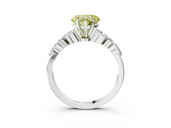 White gold Fancy Yellow Heart Cut Diamond Solitaire Ring with Side Stones and Four-Prong Setting