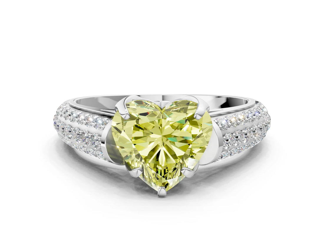 White gold Fancy Yellow Heart Cut Diamond Solitaire Ring with Three-Row Pavé Band and Four-Prong Setting_48