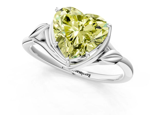 Platinum Fancy Yellow Heart Cut Diamond Solitaire Ring with Twist Band and Four-Prong Setting