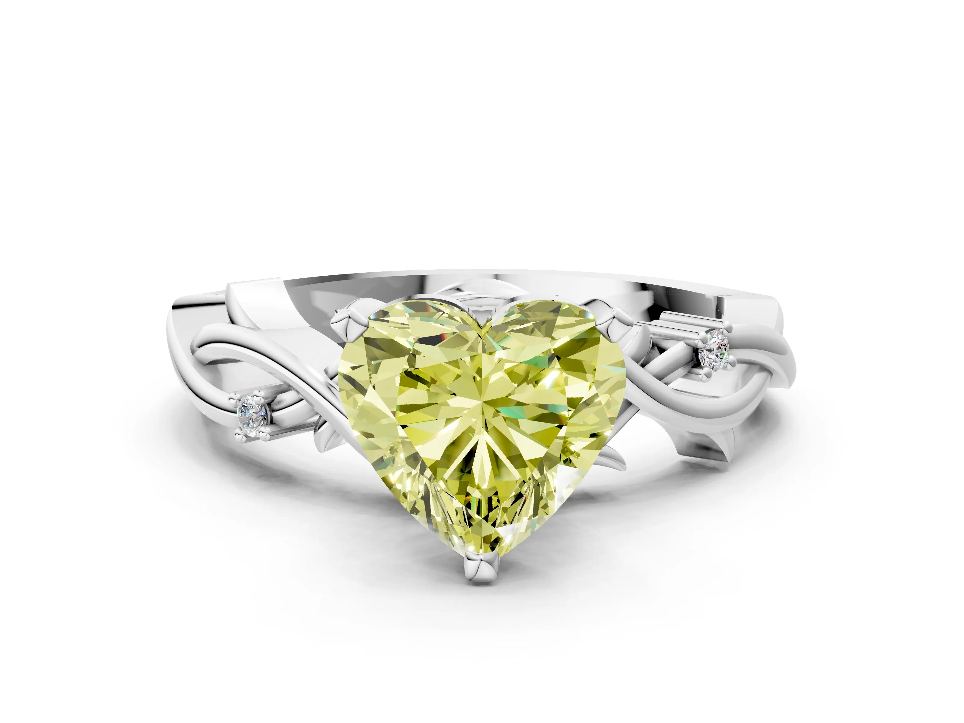 White gold Fancy Yellow Heart Cut Diamond Solitaire Ring with Twisted Band and Prong Setting_291