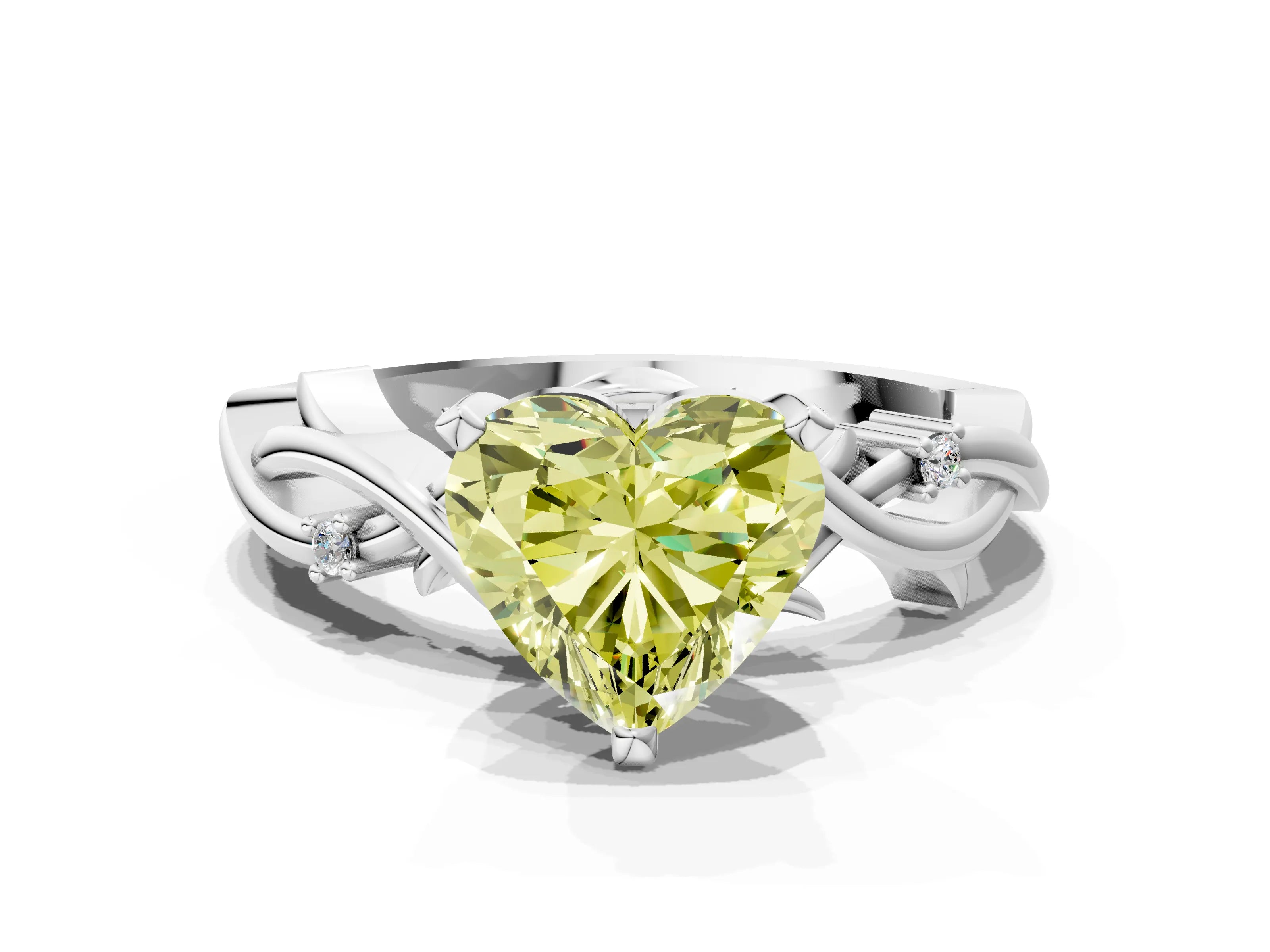 White gold Fancy Yellow Heart Cut Diamond Solitaire Ring with Twisted Band and Prong Setting_291