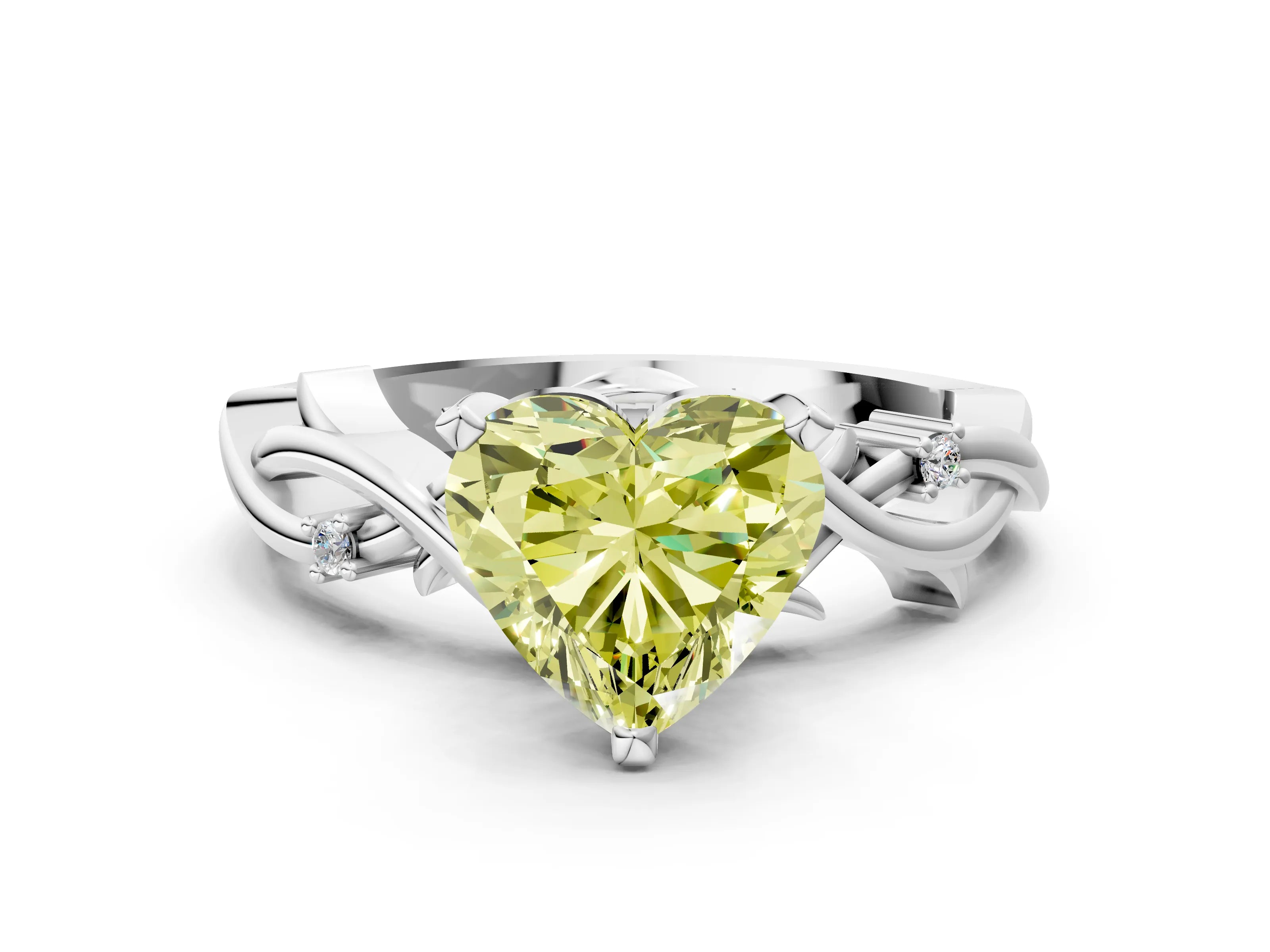 White gold Fancy Yellow Heart Cut Diamond Solitaire Ring with Twisted Band and Prong Setting_297