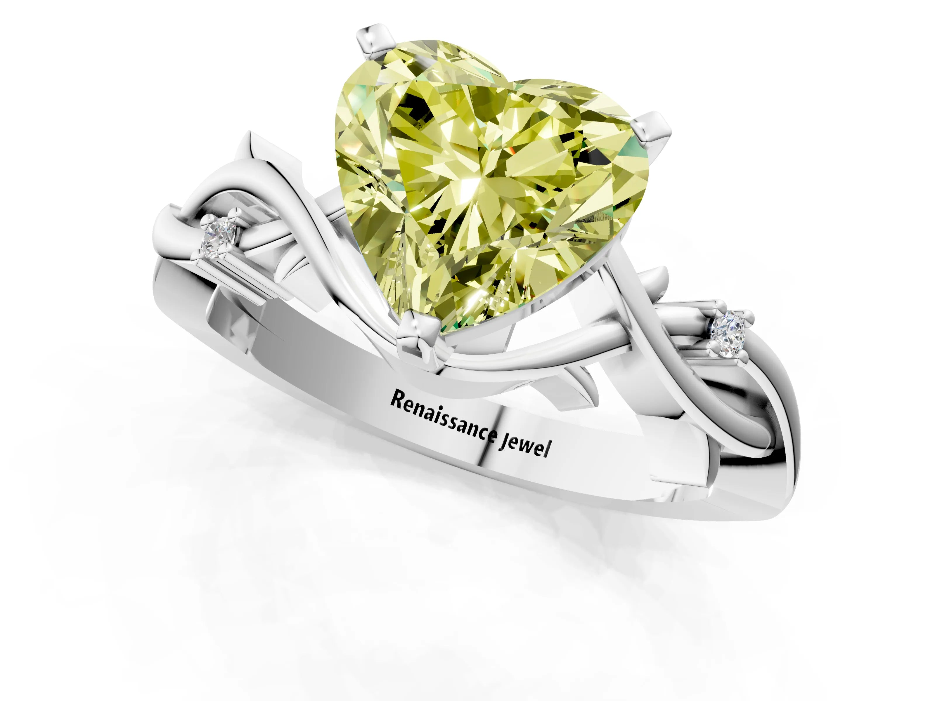 White gold Fancy Yellow Heart Cut Diamond Solitaire Ring with Twisted Band and Prong Setting_298