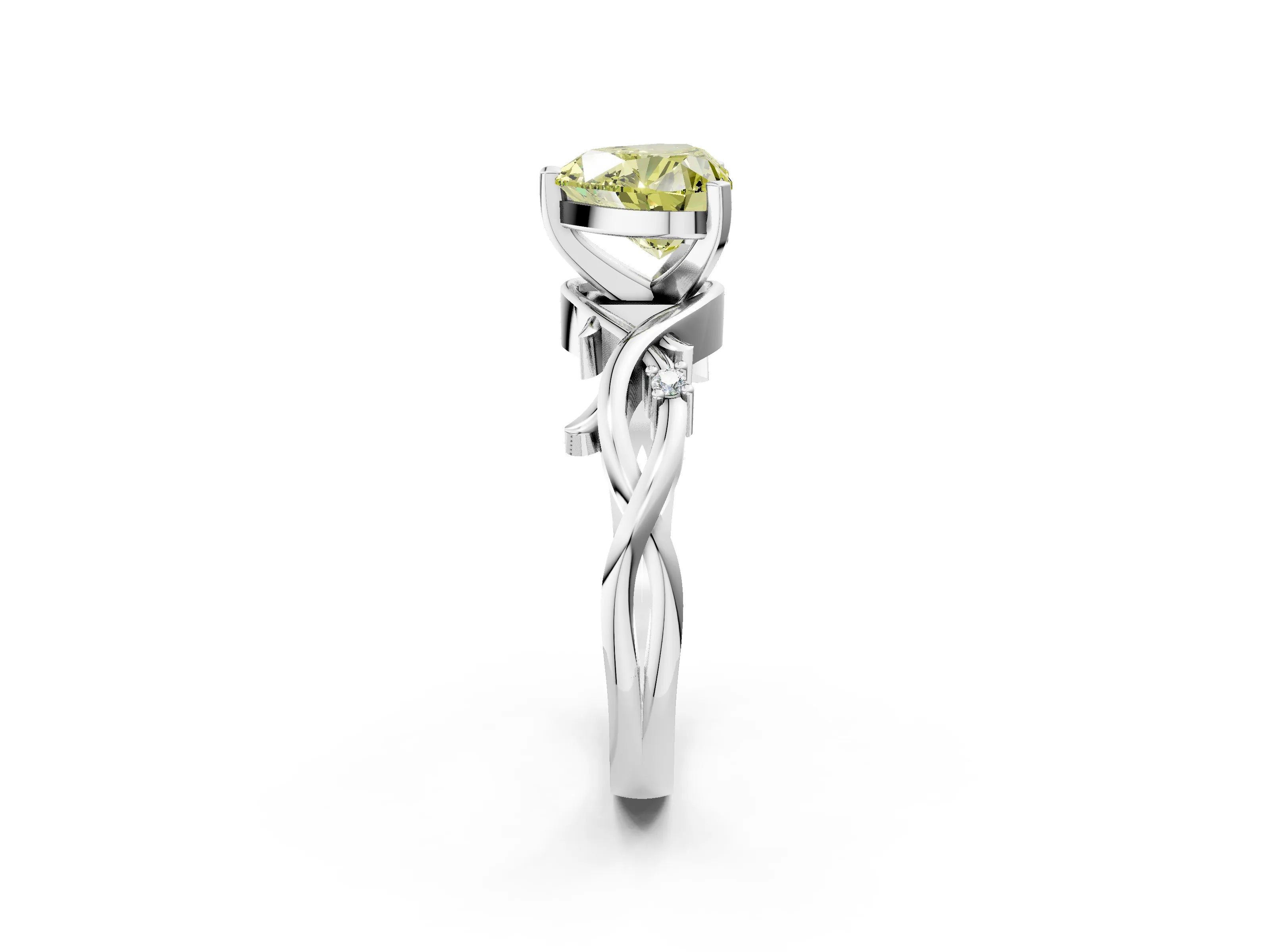 White gold Fancy Yellow Heart Cut Diamond Solitaire Ring with Twisted Band and Prong Setting_299