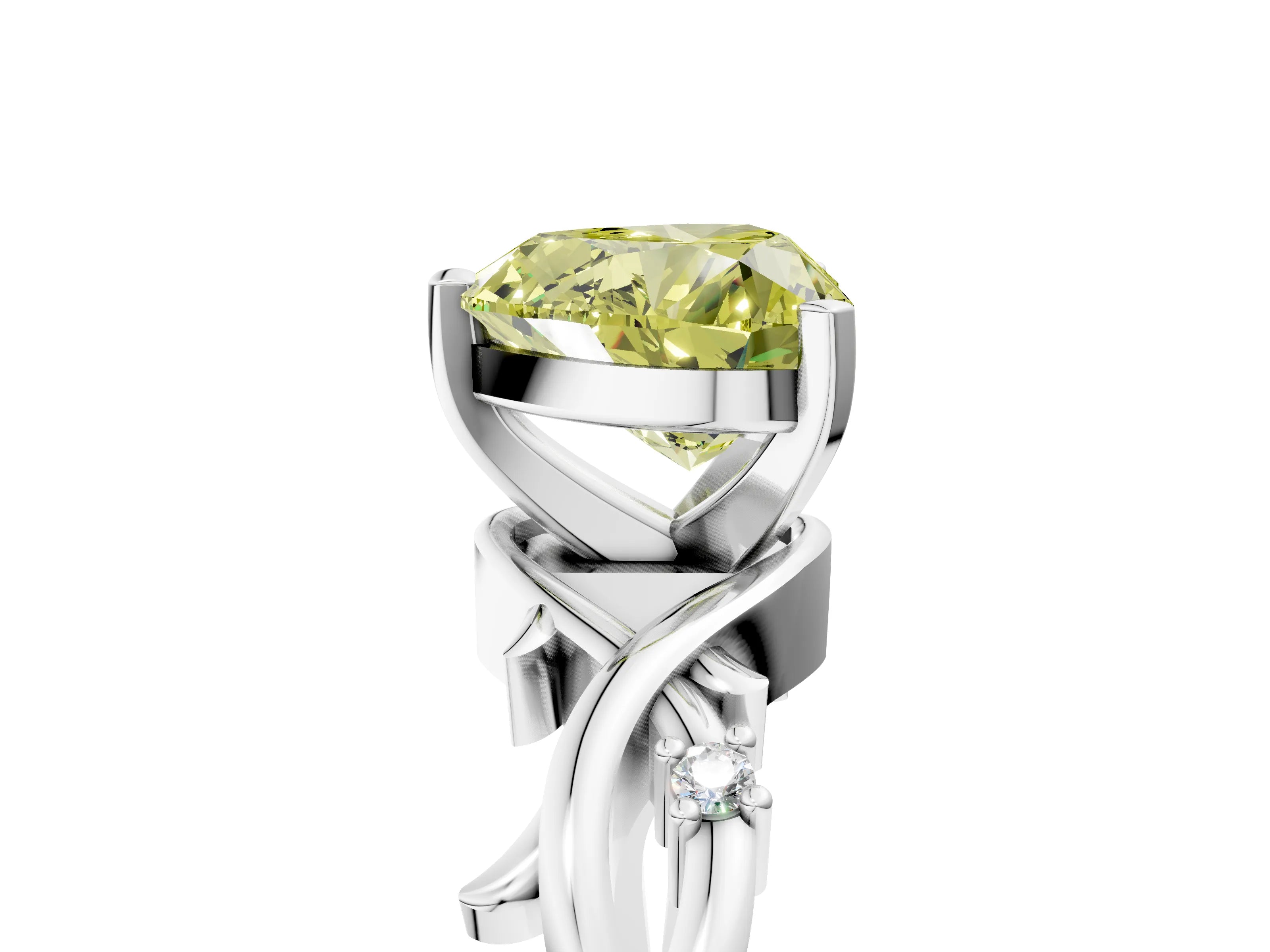 White gold Fancy Yellow Heart Cut Diamond Solitaire Ring with Twisted Band and Prong Setting_314