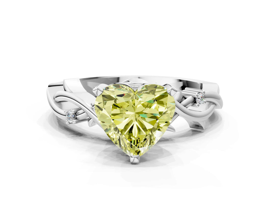 White gold Fancy Yellow Heart Cut Diamond Solitaire Ring with Twisted Band and Prong Setting_315