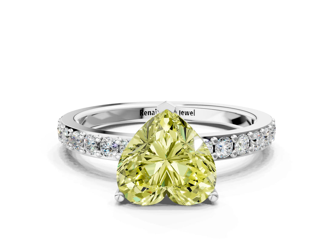 White gold Fancy Yellow Heart  Cut Diamond Solitaire with Pave Band and Four-Prong Setting