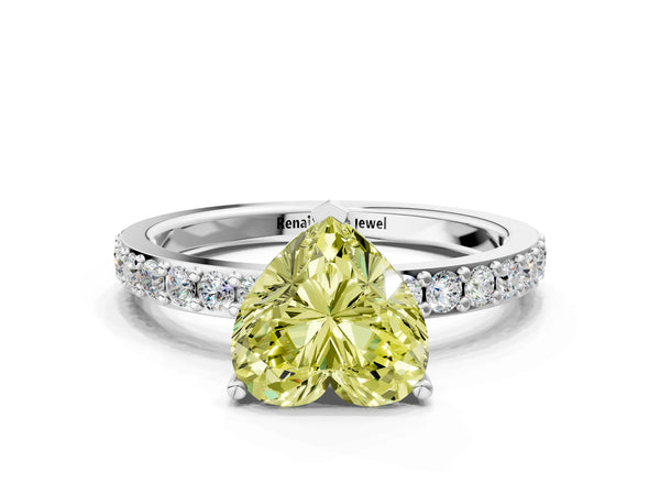 White gold Fancy Yellow Heart  Cut Diamond Solitaire with Pave Band and Four-Prong Setting