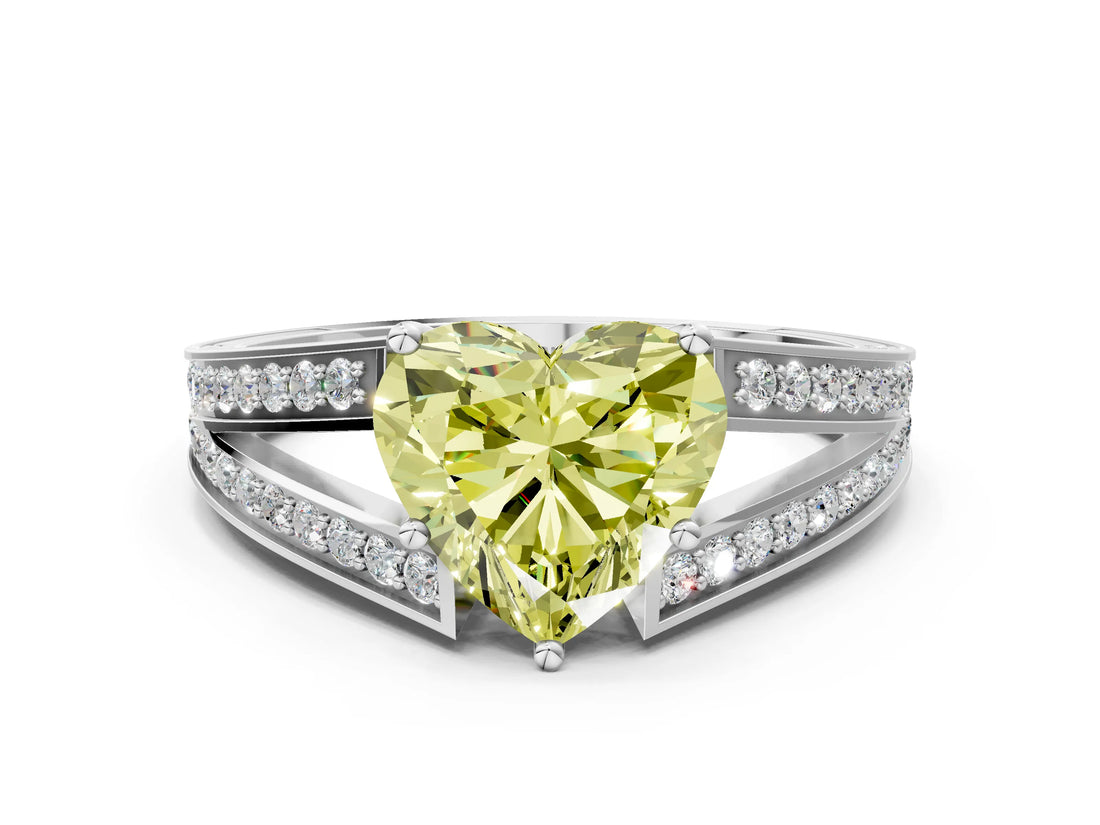 White gold Fancy Yellow Heart Cut Diamond Split Shank Ring with Pavé Band and Four-Prong Setting_75