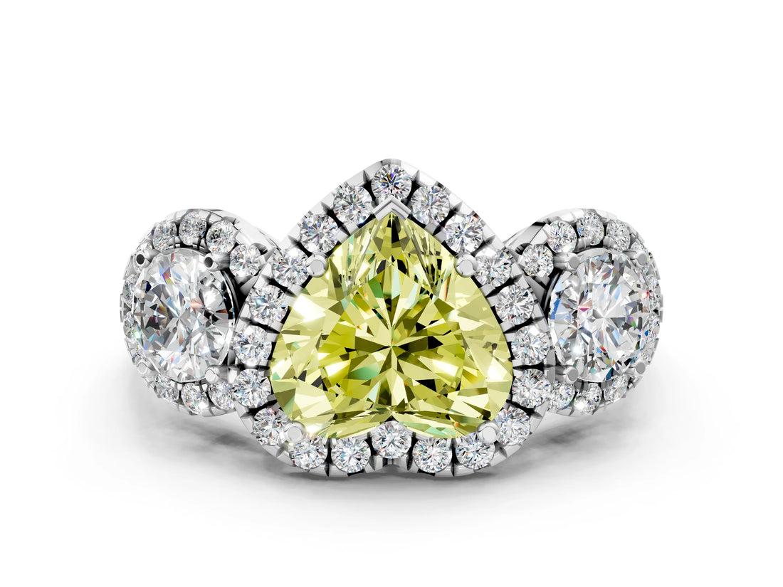 White gold Fancy Yellow Heart Cut Diamond Three-Stone Halo Ring with Prong Setting and Pavé Accents