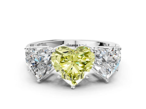 White gold Fancy Yellow Heart Cut Diamond Three-Stone Ring with Prong Setting and Textured Band_12