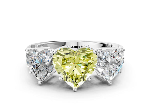 White gold Fancy Yellow Heart Cut Diamond Three-Stone Ring with Prong Setting and Textured Band