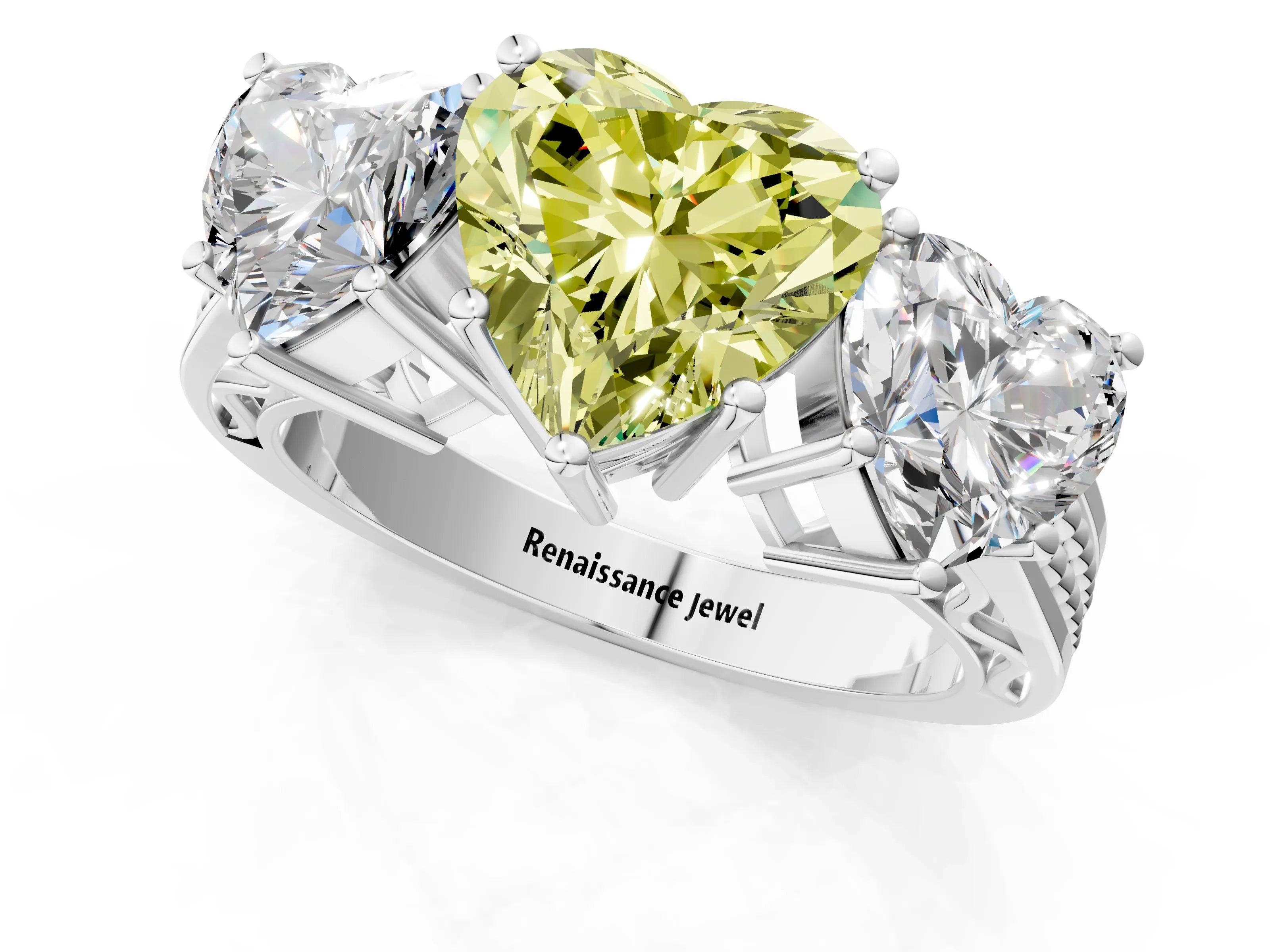 White gold Fancy Yellow Heart Cut Diamond Three-Stone Ring with Prong Setting and Textured Band_13
