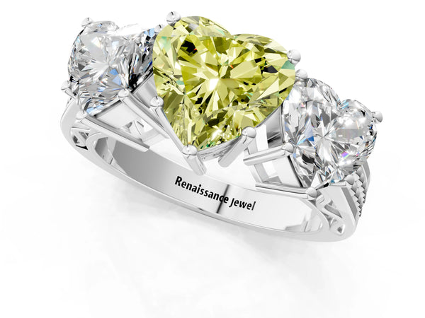 White gold Fancy Yellow Heart Cut Diamond Three-Stone Ring with Prong Setting and Textured Band
