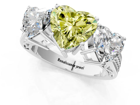 White gold Fancy Yellow Heart Cut Diamond Three-Stone Ring with Prong Setting and Textured Band_13