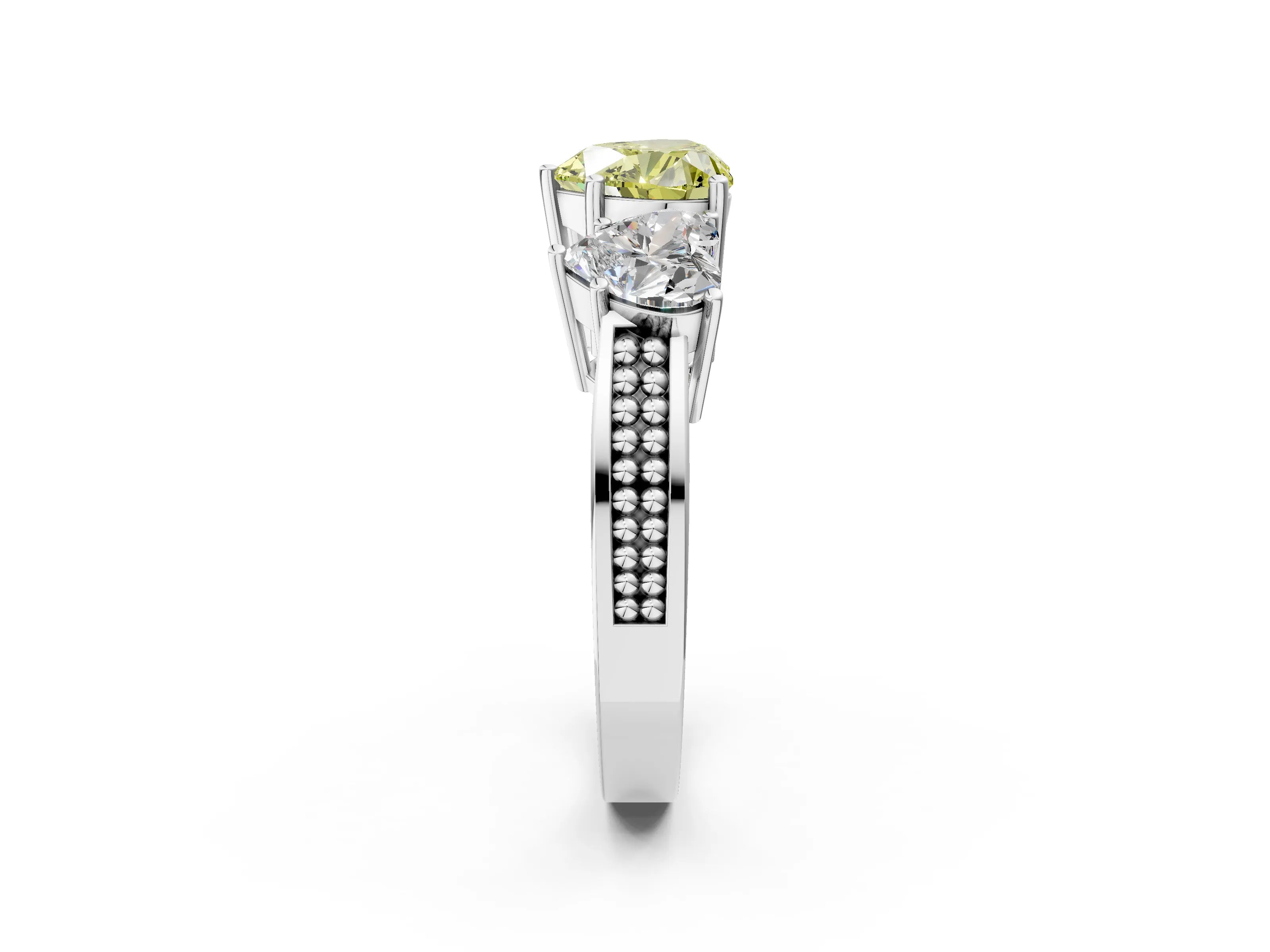 White gold Fancy Yellow Heart Cut Diamond Three-Stone Ring with Prong Setting and Textured Band_14