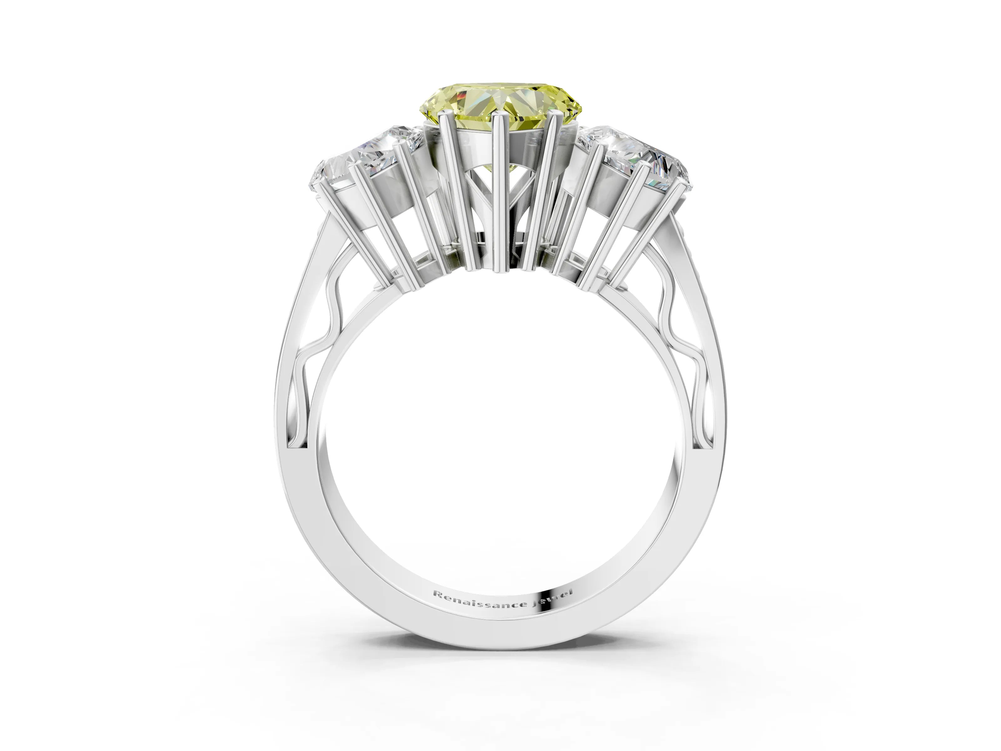 White gold Fancy Yellow Heart Cut Diamond Three-Stone Ring with Prong Setting and Textured Band_15