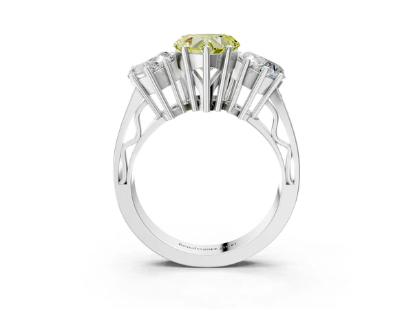 White gold Fancy Yellow Heart Cut Diamond Three-Stone Ring with Prong Setting and Textured Band