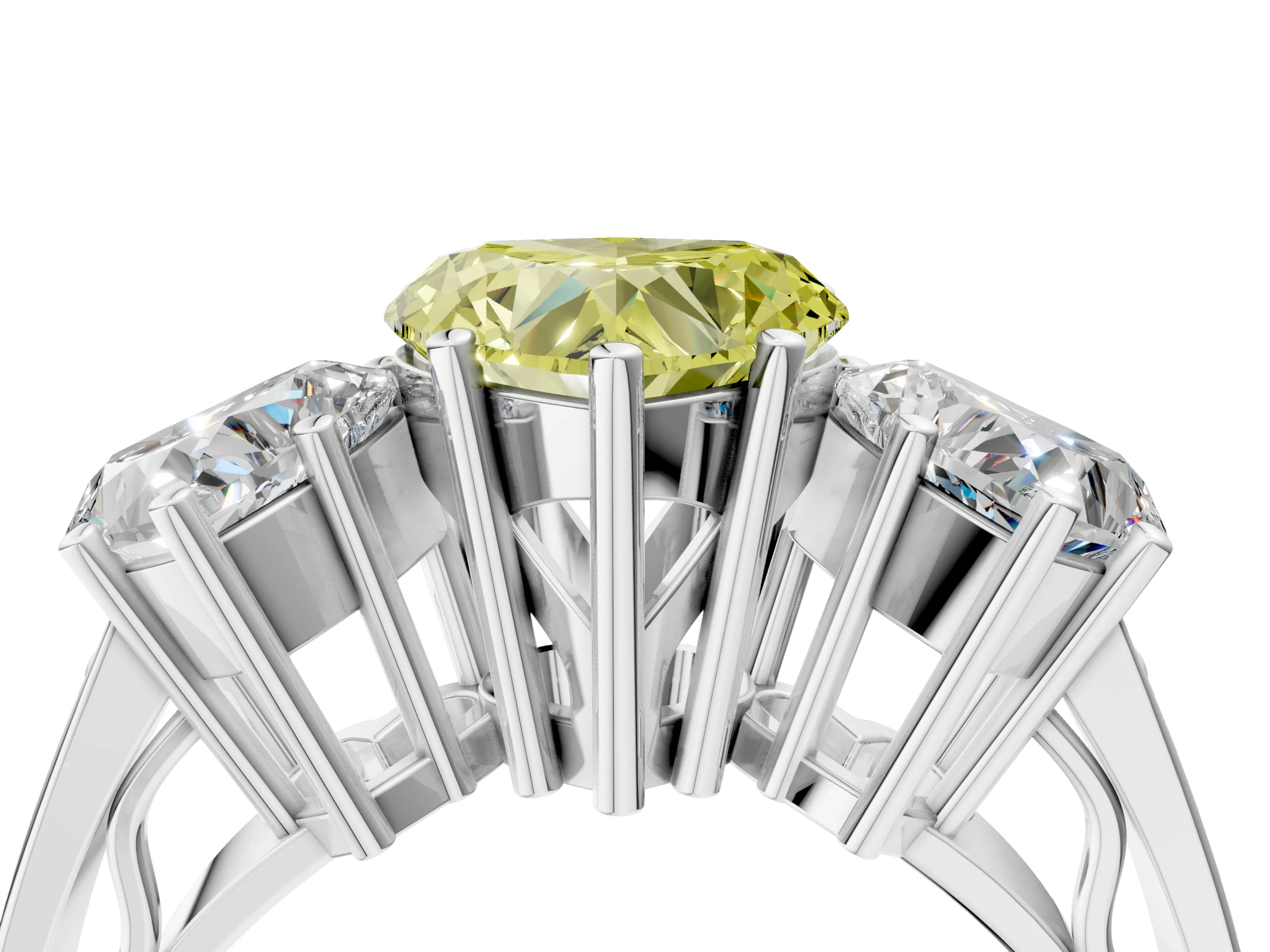 White gold Fancy Yellow Heart Cut Diamond Three-Stone Ring with Prong Setting and Textured Band_16