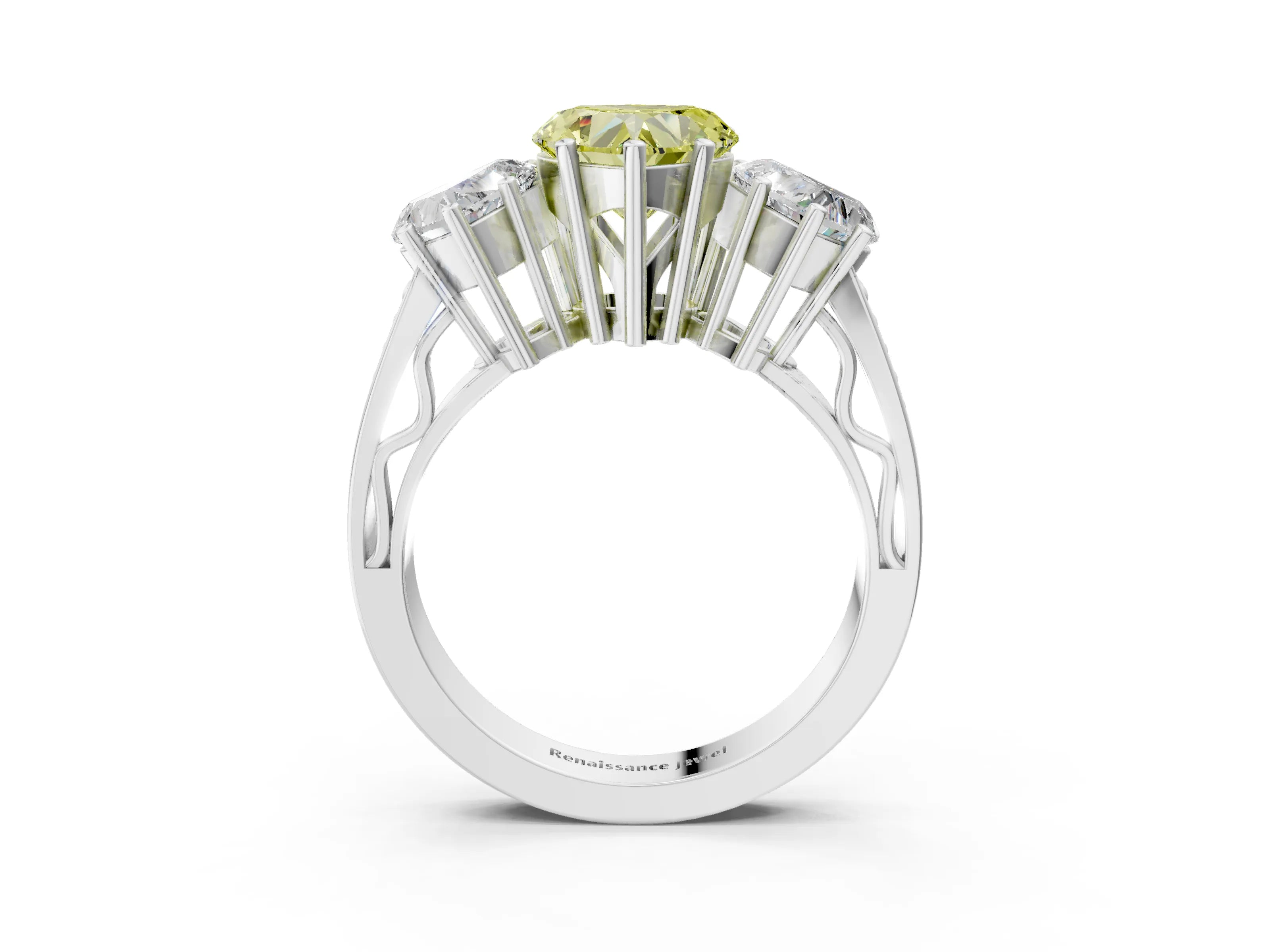 White gold Fancy Yellow Heart Cut Diamond Three-Stone Ring with Prong Setting and Textured Band_3