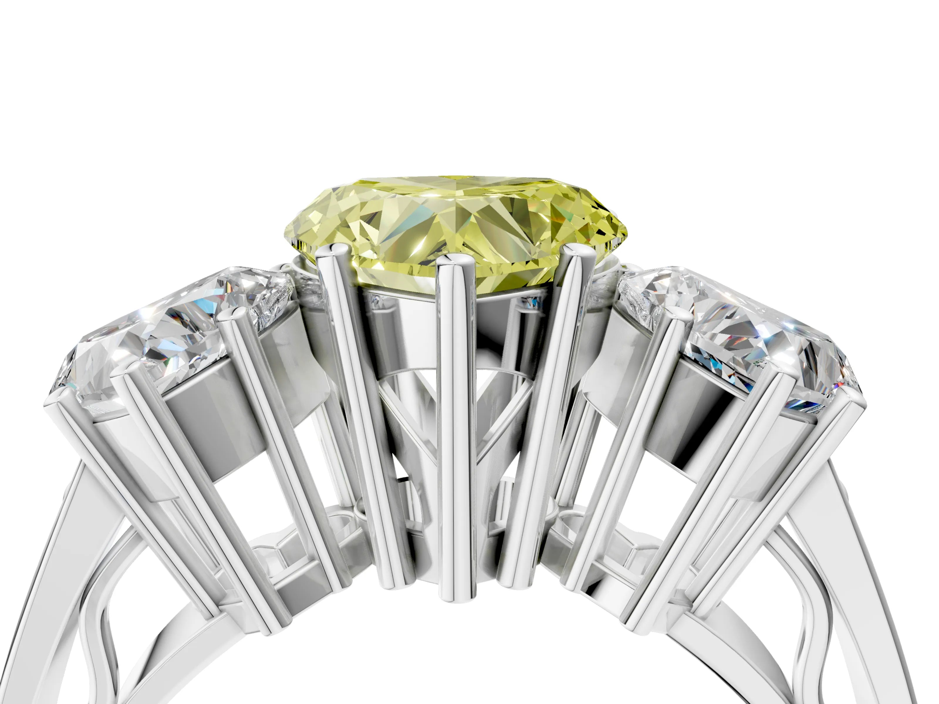 White gold Fancy Yellow Heart Cut Diamond Three-Stone Ring with Prong Setting and Textured Band_4