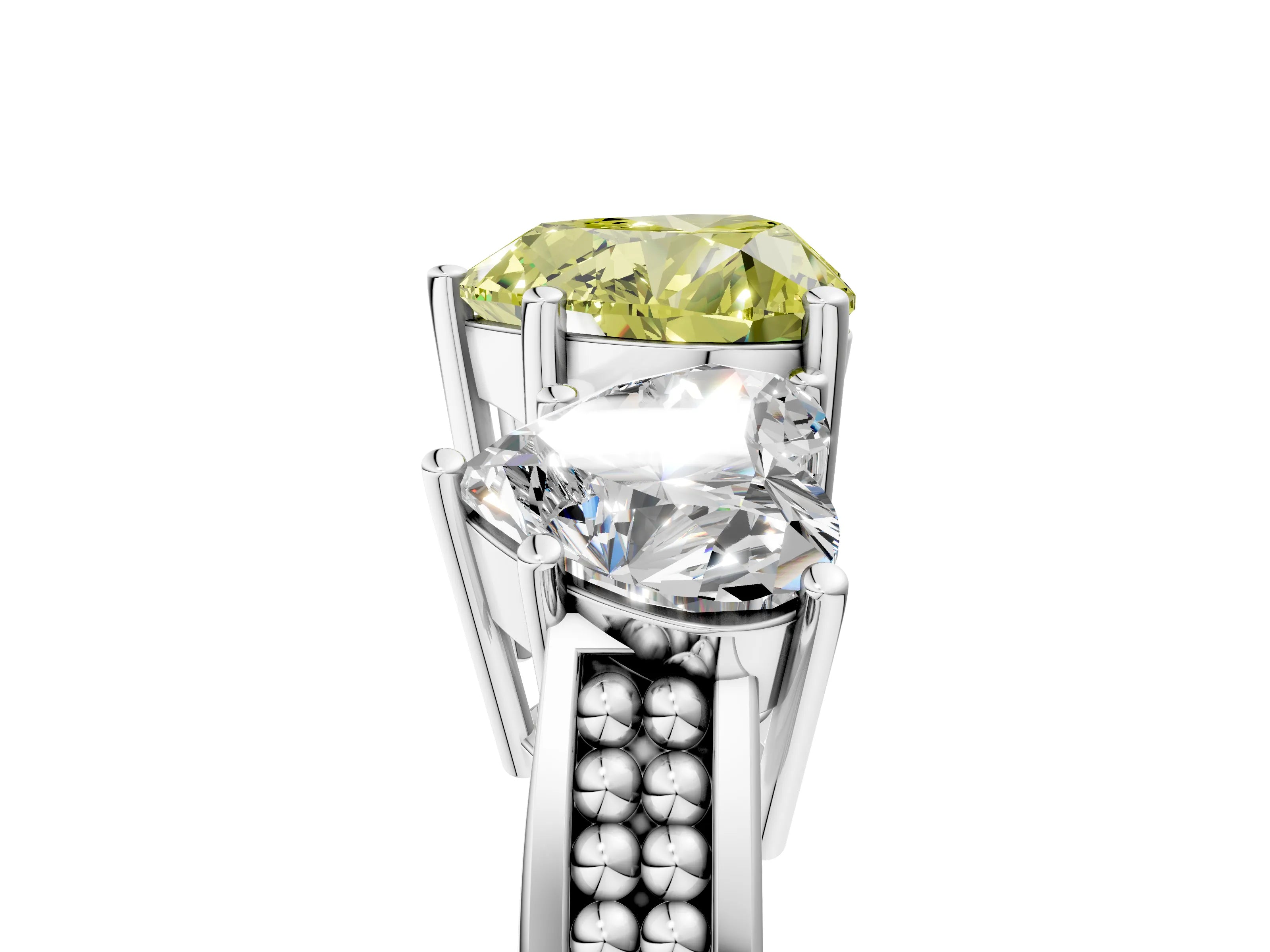 White gold Fancy Yellow Heart Cut Diamond Three-Stone Ring with Prong Setting and Textured Band_5