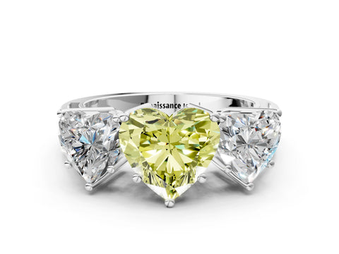 White gold Fancy Yellow Heart Cut Diamond Three-Stone Ring with Prong Setting and Textured Band