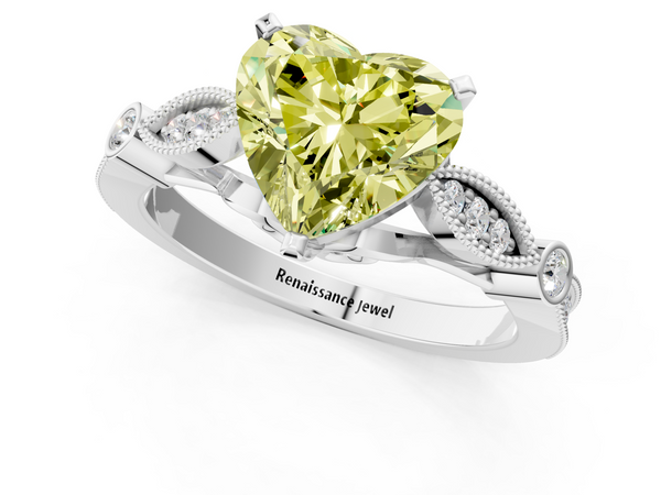 Platinum Fancy Yellow Heart  Cut Diamond with Milgrain Marquise and Bezel Accents on a Solitaire Band with Prong Setting