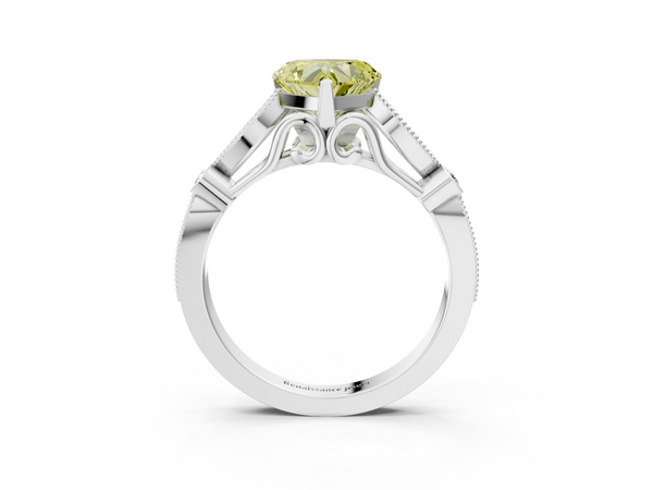 Platinum Fancy Yellow Heart  Cut Diamond with Milgrain Marquise and Bezel Accents on a Solitaire Band with Prong Setting