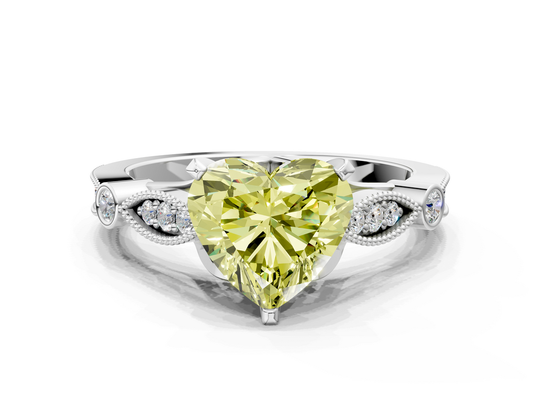 White gold Fancy Yellow Heart  Cut Diamond with Milgrain Marquise and Bezel Accents on a Solitaire Band with Prong Setting_208
