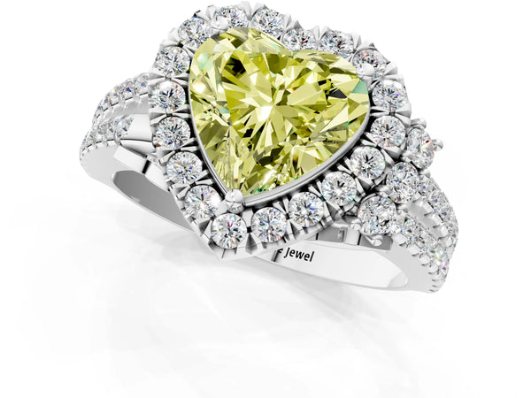 White gold Fancy Yellow Heart  Cut Double Halo Diamond Engagement Ring with Pave Band and Four-Prong Setting