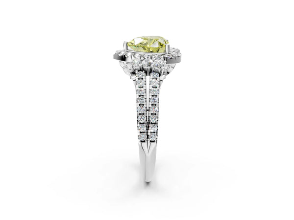 White gold Fancy Yellow Heart  Cut Double Halo Diamond Engagement Ring with Pave Band and Four-Prong Setting
