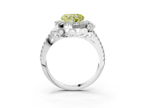 White gold Fancy Yellow Heart  Cut Double Halo Diamond Engagement Ring with Pave Band and Four-Prong Setting