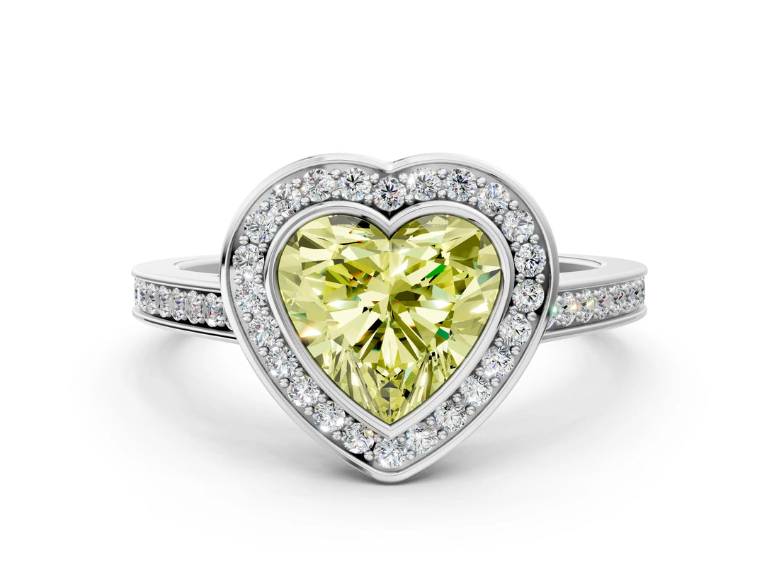 White gold Fancy Yellow Heart Cut Halo Bezel Diamond Pave Band Ring
