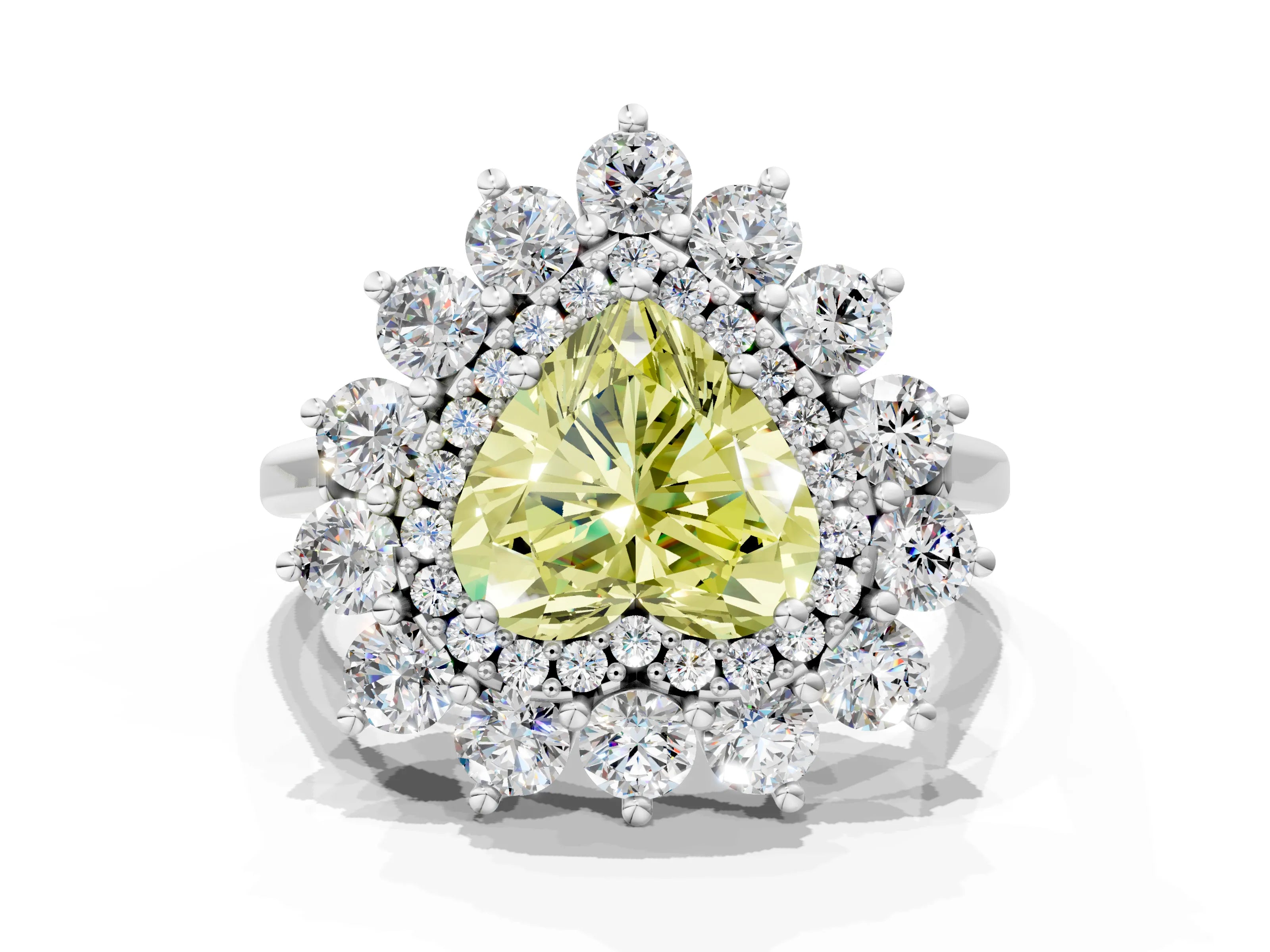 White gold Fancy Yellow Heart Cut Halo Cluster Diamond Ring with Pave Band and Four-Prong Setting