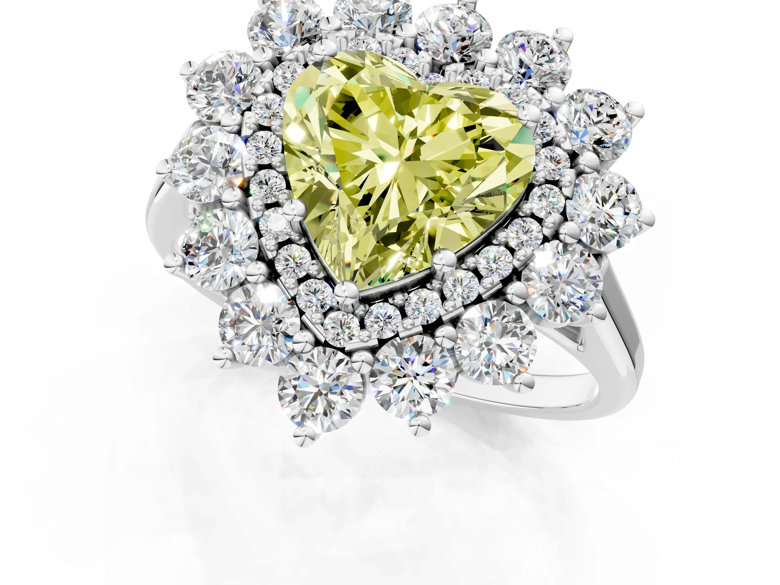 White gold Fancy Yellow Heart Cut Halo Cluster Diamond Ring with Pave Band and Four-Prong Setting_13