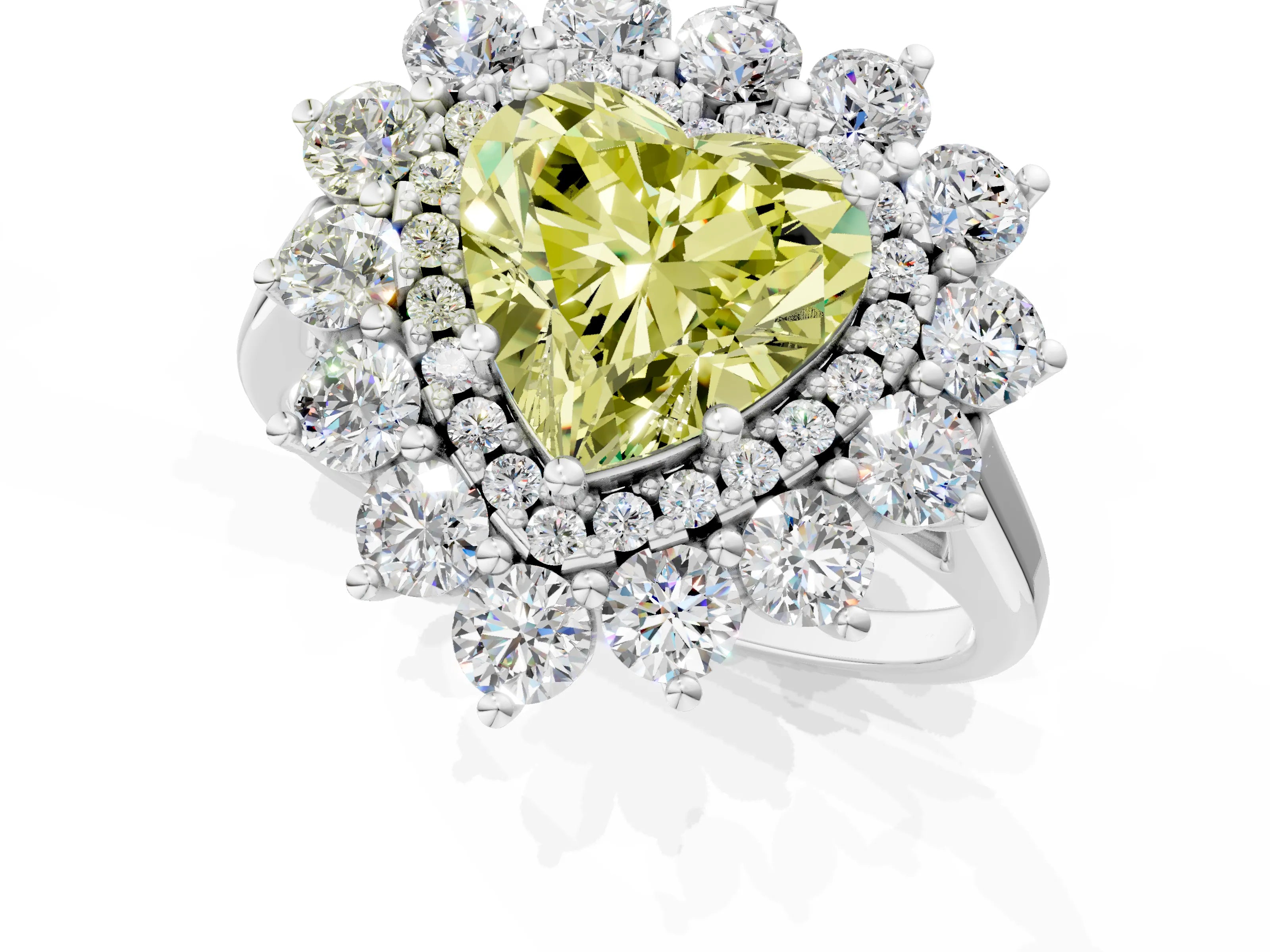White gold Fancy Yellow Heart Cut Halo Cluster Diamond Ring with Pave Band and Four-Prong Setting_1