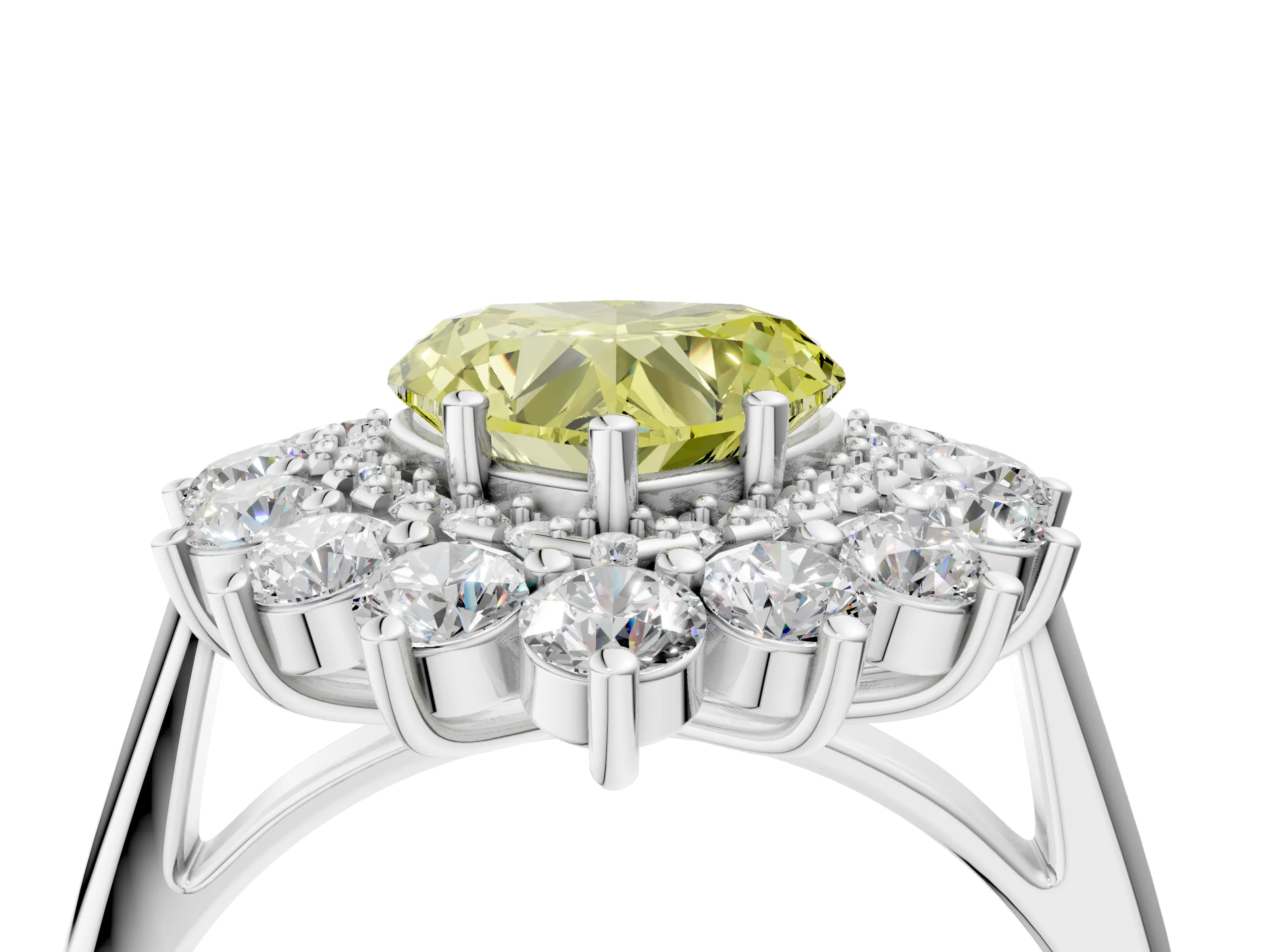 White gold Fancy Yellow Heart Cut Halo Cluster Diamond Ring with Pave Band and Four-Prong Setting_4