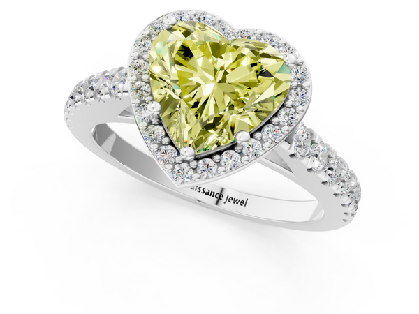 White gold Fancy Yellow Heart  Cut Halo Diamond Engagement Ring with Pave Band and Four-Prong Setting