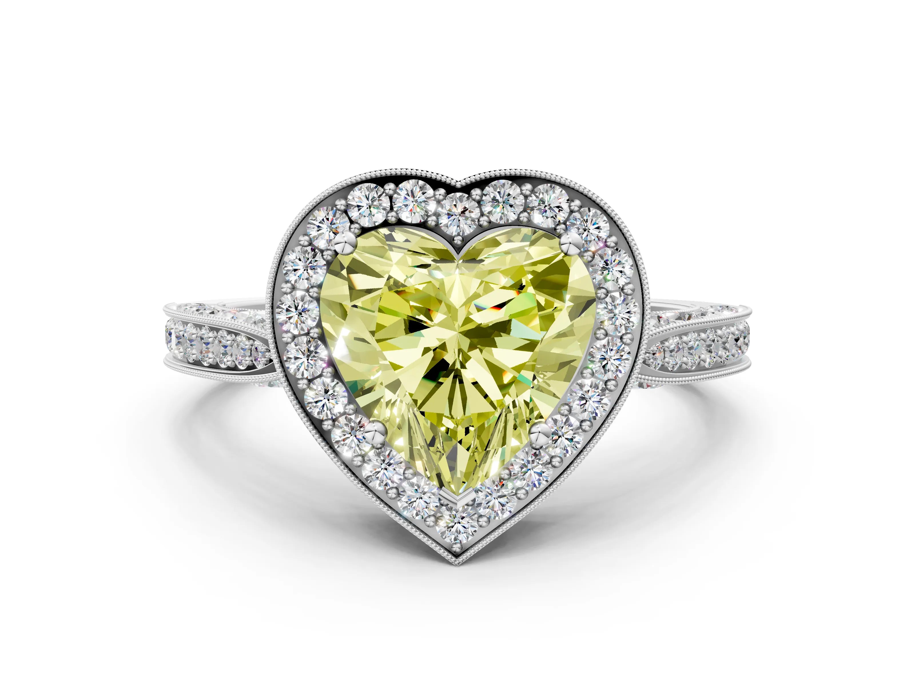 White gold Fancy Yellow Heart Cut Halo Diamond Engagement Ring with Split Shank Band and Four-Prong Setting_12