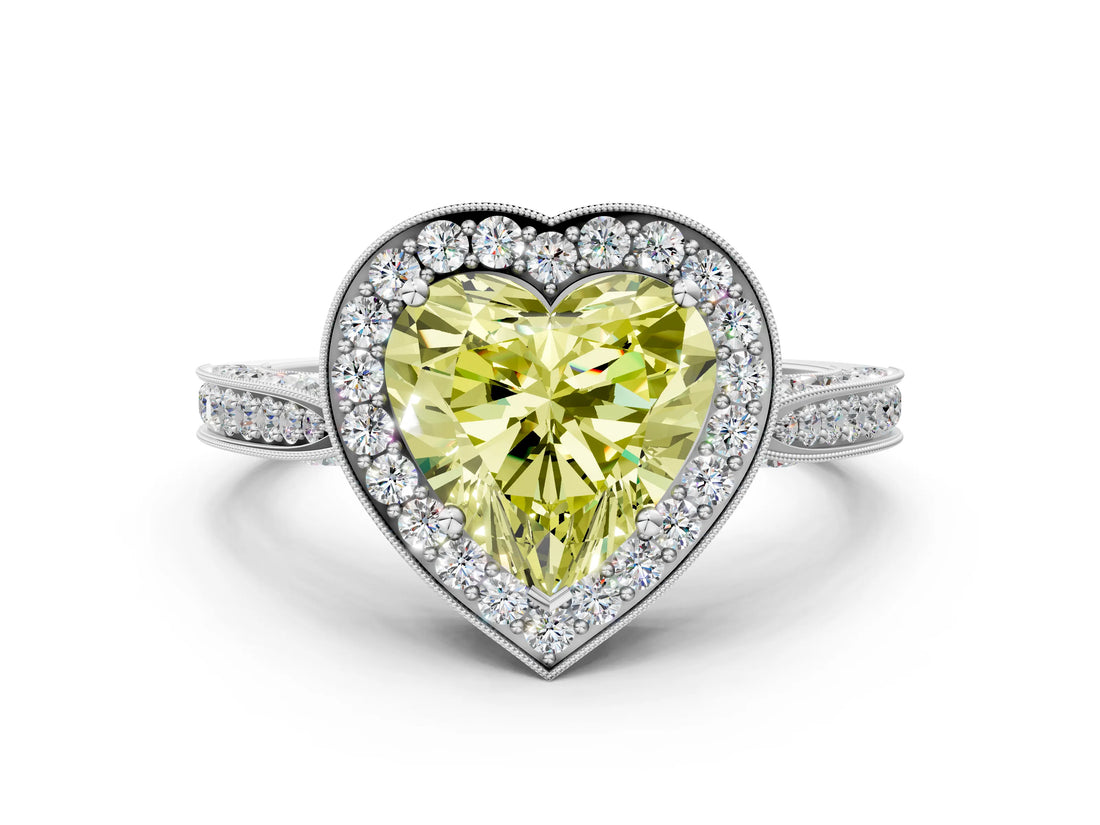 White gold Fancy Yellow Heart Cut Halo Diamond Engagement Ring with Split Shank Band and Four-Prong Setting_12