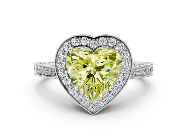 White gold Fancy Yellow Heart Cut Halo Diamond Engagement Ring with Split Shank Band and Four-Prong Setting