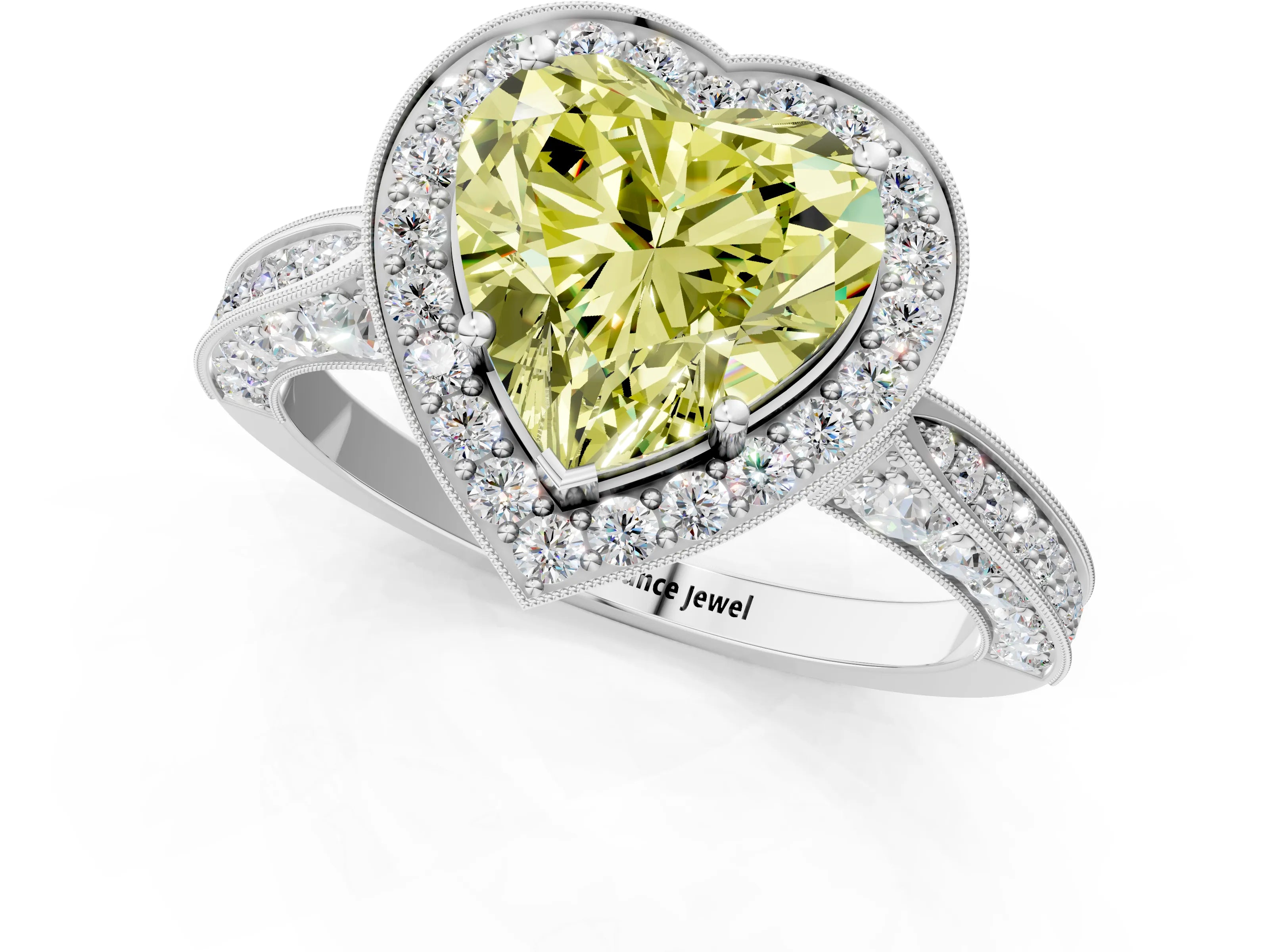 White gold Fancy Yellow Heart Cut Halo Diamond Engagement Ring with Split Shank Band and Four-Prong Setting_13