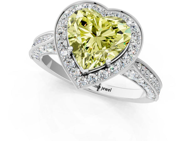 White gold Fancy Yellow Heart Cut Halo Diamond Engagement Ring with Split Shank Band and Four-Prong Setting