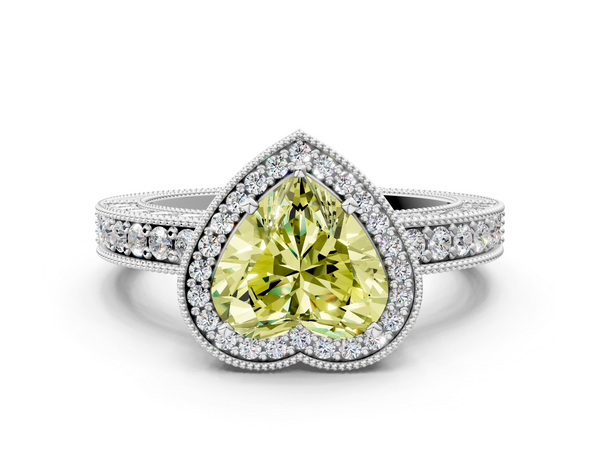 Platinum Fancy Yellow Heart  Cut Halo Diamond Pave Band Ring with Four-Prong Setting