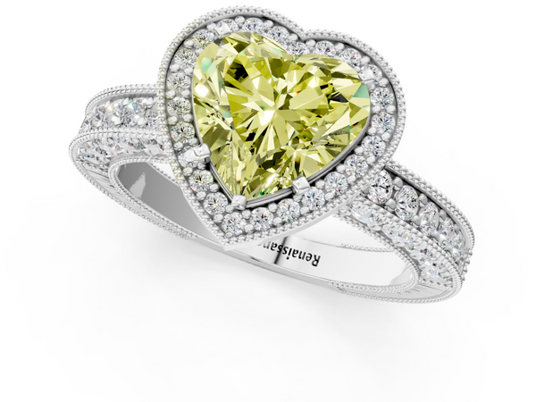 Platinum Fancy Yellow Heart  Cut Halo Diamond Pave Band Ring with Four-Prong Setting